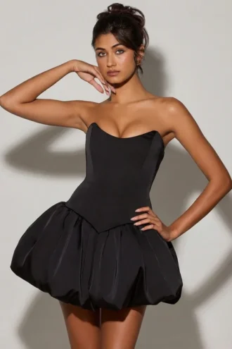 Minerva Schnür-Mikro-Minikleid mit Bubble-Saum und Korsett in Schwarz