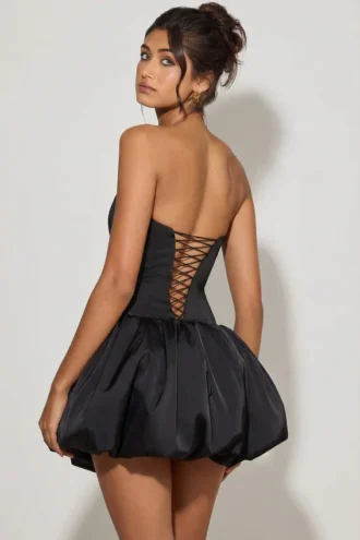 Minerva Schnür-Mikro-Minikleid mit Bubble-Saum und Korsett in Schwarz