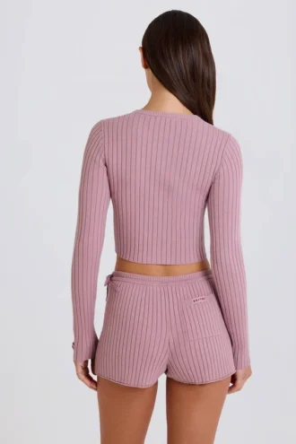 Mini-Shorts aus geripptem Strick mit Bindebändern in Mauve Mini-Shorts aus geripptem Strick mit Bindebändern in Mauve