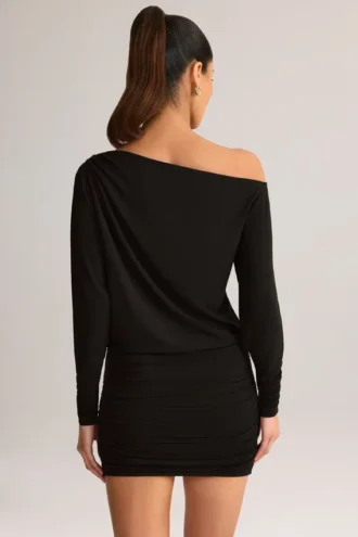 Mira Modal-Minikleid mit schulterfreiem Wickelausschnitt in Schwarz