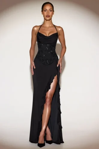 Miravie Verziertes Cowl-Neck-Kleid mit Rüschen in Schwarz
