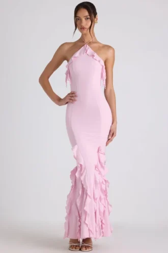 Mireya Neckholder-Kleid mit Rüschenbesatz in zartem Rosa