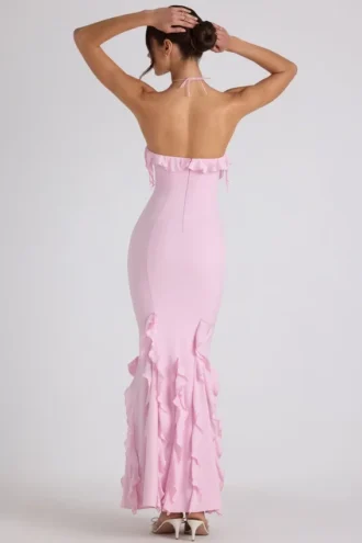 Mireya Neckholder-Kleid mit Rüschenbesatz in zartem Rosa