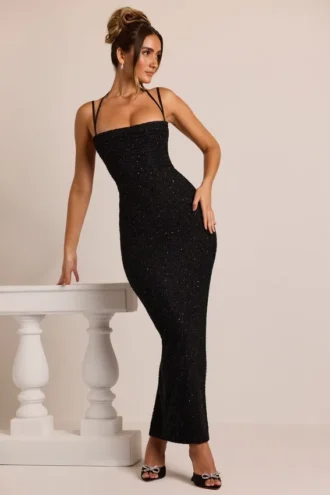 Monte Carlo Maxikleid mit verziertem Wasserfallausschnitt in Schwarz