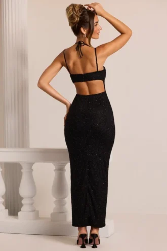 Monte Carlo Maxikleid mit verziertem Wasserfallausschnitt in Schwarz
