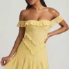 Nahida schulterfreies A-Linien-Minikleid aus Spitze in Pastellgelb