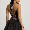 Nanala Neckholder-Minikleid mit Schnürung und Bubble-Saum in Schwarz mit Blumenprint