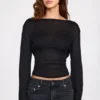 Nari – Transparentes Jersey-Oberteil mit langen Ärmeln und rückenfreiem Ausschnitt in Schwarz Nari – Transparentes Jersey-Oberteil mit langen Ärmeln und rückenfreiem Ausschnitt in Schwarz
