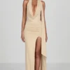 Navina Maxikleid aus weichem Jersey mit tiefem Ausschnitt und Neckholder in Champagner