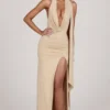 Navina Maxikleid aus weichem Jersey mit tiefem Ausschnitt und Neckholder in Champagner