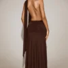 Navina Maxikleid aus weichem Jersey mit tiefem Neckholder-Ausschnitt in Schokoladenbraun