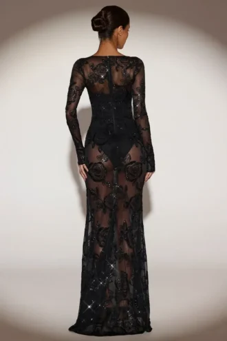Nazara transparentes, verziertes Bodysuit-Korsettkleid in Schwarz