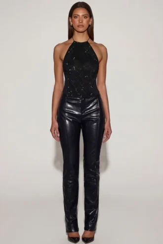 Nemyra-Hose aus Kunstkrokodilleder mit geradem Bein in Schwarz