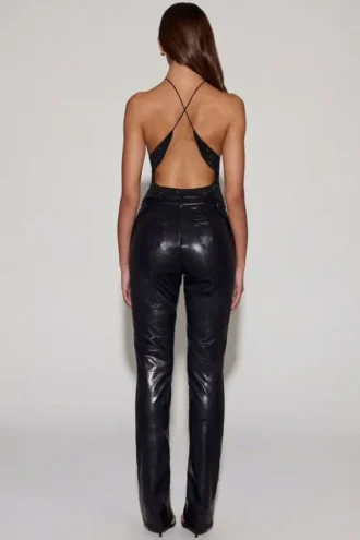 Nemyra-Hose aus Kunstkrokodilleder mit geradem Bein in Schwarz