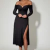 Nerissa schulterfreies A-Linien-Midaxi-Kleid mit Schnürung in Schwarz