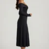 Nerissa schulterfreies A-Linien-Midaxi-Kleid mit Schnürung in Schwarz