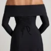 Nerissa schulterfreies A-Linien-Midaxi-Kleid mit Schnürung in Schwarz