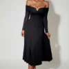 Nerissa schulterfreies A-Linien-Midaxi-Kleid mit Schnürung in Schwarz