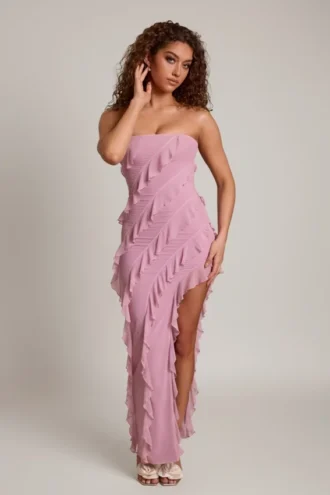 Nevali Bandeau-Maxikleid mit Rüschen in Altrosa