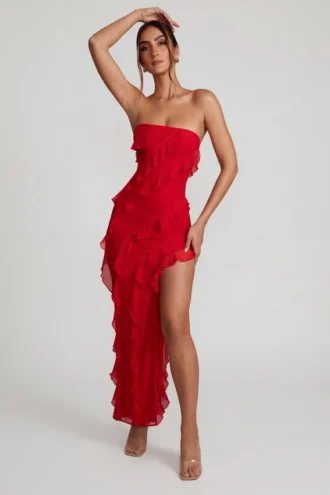 Nevali Bandeau-Maxikleid mit Rüschen in Rot