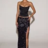 Nevara Embellished Mid-Rise Thigh-Split Maxi Rock in Black Purple Nevara Embellished Mid-Rise Thigh-Split Maxi Rock in Black Purple
