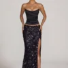 Nevara Embellished Mid-Rise Thigh-Split Maxi Rock in Black Purple Nevara Embellished Mid-Rise Thigh-Split Maxi Rock in Black Purple