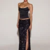 Nevara Embellished Mid-Rise Thigh-Split Maxi Rock in Black Purple Nevara Embellished Mid-Rise Thigh-Split Maxi Rock in Black Purple