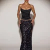 Nevara Embellished Mid-Rise Thigh-Split Maxi Rock in Black Purple Nevara Embellished Mid-Rise Thigh-Split Maxi Rock in Black Purple
