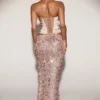Nevara Embellished Mid-Rise Thigh-Split Maxi Rock in Roségold Nevara Embellished Mid-Rise Thigh-Split Maxi Rock in Roségold
