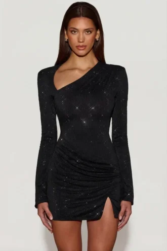 Nevina – Verziertes, asymmetrisches, figurbetontes Minikleid in Schwarz