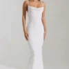 Nivalis verziertes Maxikleid mit Wasserfallausschnitt und rückenfreiem Design in Weiß