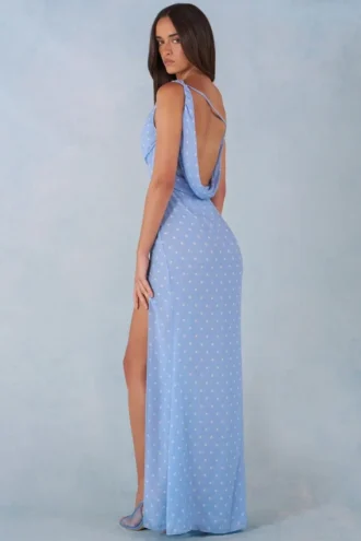 Nivara Ein-Schulter-Maxikleid mit blauem Polka-Dot-Print