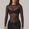 Noel transparentes, verziertes Minikleid mit hohem Kragen und langen Ärmeln in Schwarz Noel transparentes, verziertes Minikleid mit hohem Kragen und langen Ärmeln in Schwarz