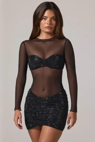 Noel transparentes, verziertes Minikleid mit hohem Kragen und langen Ärmeln in Schwarz