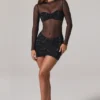 Noel transparentes, verziertes Minikleid mit hohem Kragen und langen Ärmeln in Schwarz Noel transparentes, verziertes Minikleid mit hohem Kragen und langen Ärmeln in Schwarz