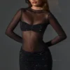 Noel transparentes, verziertes Minikleid mit hohem Kragen und langen Ärmeln in Schwarz Noel transparentes, verziertes Minikleid mit hohem Kragen und langen Ärmeln in Schwarz