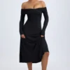 Noelle Modal-Midaxi-Kleid mit gerafften Schultern in Schwarz Noelle Modal-Midaxi-Kleid mit gerafften Schultern in Schwarz