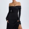Noelle Modal-Midaxi-Kleid mit gerafften Schultern in Schwarz Noelle Modal-Midaxi-Kleid mit gerafften Schultern in Schwarz