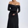 Noelle Modal-Midaxi-Kleid mit gerafften Schultern in Schwarz Noelle Modal-Midaxi-Kleid mit gerafften Schultern in Schwarz