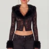 Noemy Cardigan aus transparenter Spitze mit Kunstfellbesatz in Schwarz Noemy Cardigan aus transparenter Spitze mit Kunstfellbesatz in Schwarz