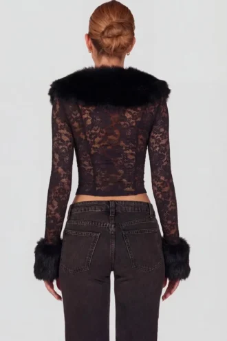 Noemy Cardigan aus transparenter Spitze mit Kunstfellbesatz in Schwarz