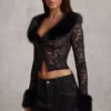Noemy Cardigan aus transparenter Spitze mit Kunstfellbesatz in Schwarz Noemy Cardigan aus transparenter Spitze mit Kunstfellbesatz in Schwarz