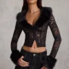 Noemy Cardigan aus transparenter Spitze mit Kunstfellbesatz in Schwarz Noemy Cardigan aus transparenter Spitze mit Kunstfellbesatz in Schwarz
