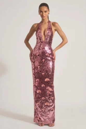 Nolira Maxikleid mit Paillettenverzierung und Neckholder-Ausschnitt in Rosa