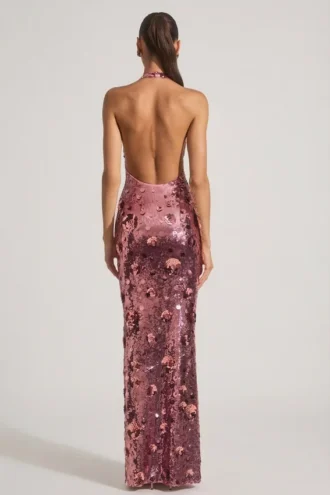 Nolira Maxikleid mit Paillettenverzierung und Neckholder-Ausschnitt in Rosa