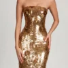 Nottola 3D-verziertes Bandeau-Maxikleid in Gold Nottola 3D-verziertes Bandeau-Maxikleid in Gold