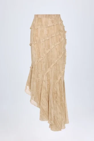 Novina Maxirock mit Rüschen und asymmetrischem Schnitt in Beige mit Print