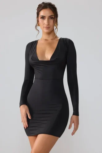 Oakley Slinky Jersey Langarm-Minikleid mit tiefem Ausschnitt in Schwarz
