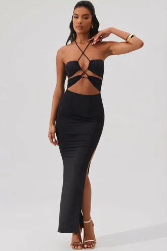 Oceane Maxikleid mit Cut-outs, Neckholder und bodenlangem Schnitt in Schwarz
