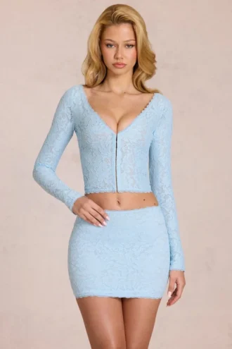 Odelia Lace Plunge Cardigan  in Powder Blue